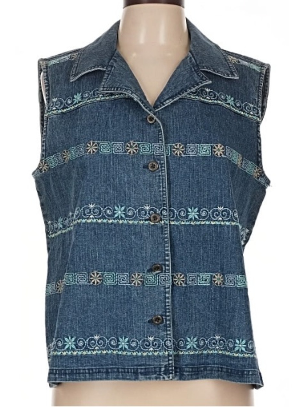 Vintage Blue Denim Sleeveless Embroidered Button-Front Vest